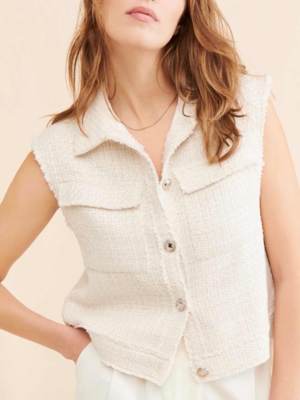 ANTHROPOLOGIE Bouclé Button-Front Vest by Flat White - Cream MSRP $109